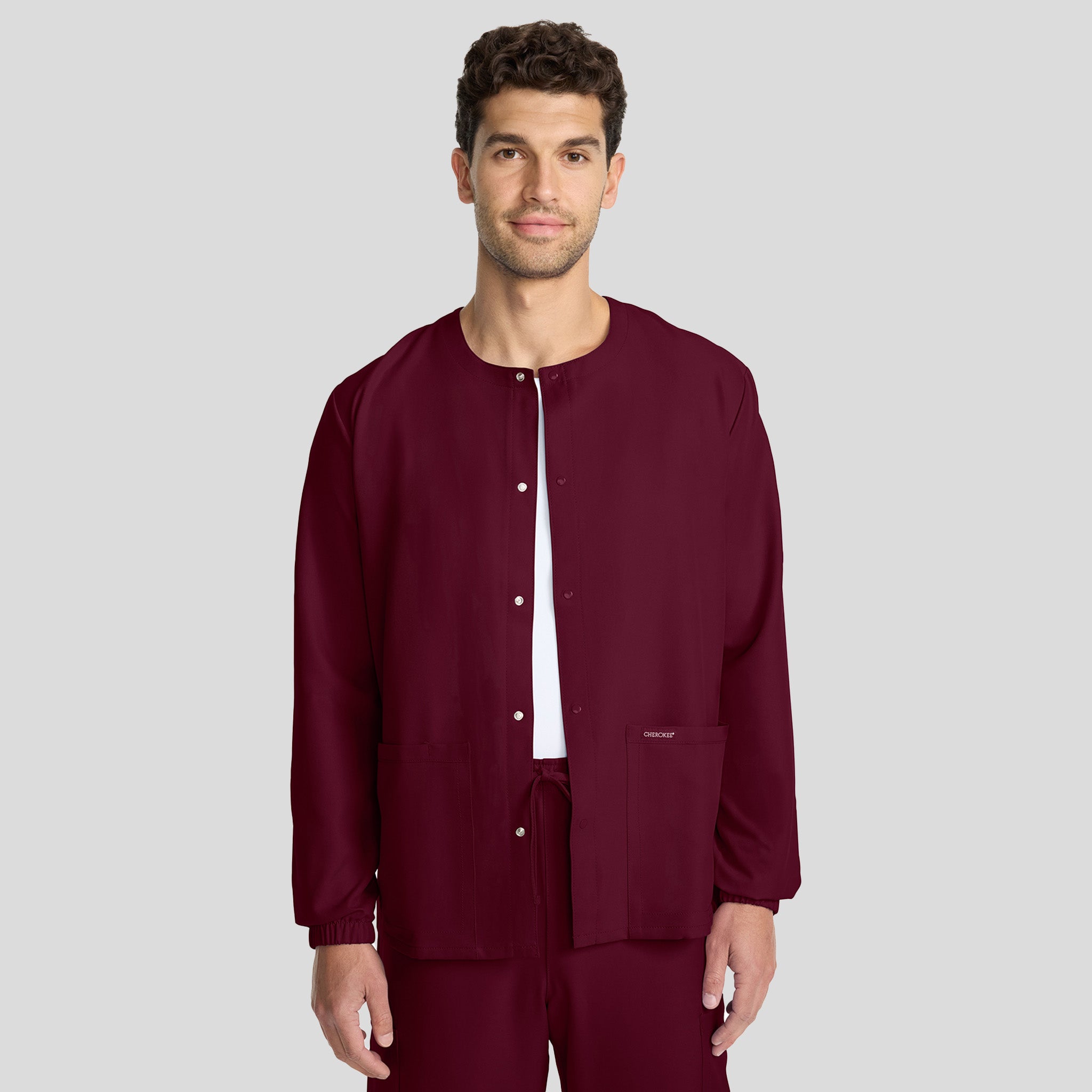 Unisex Snap-Front Crew Neck Scrub Jacket | Wine