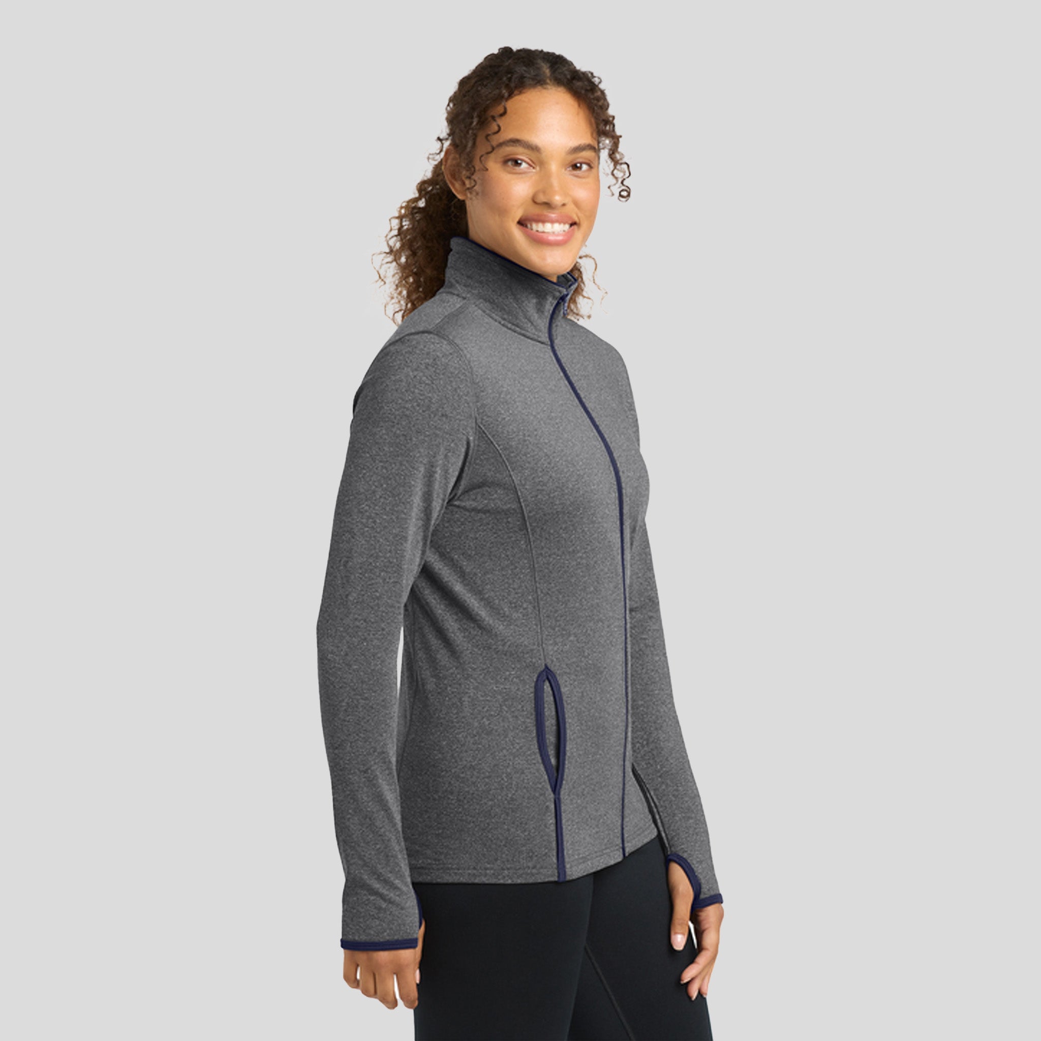 Women's Sport-Wickยฎ Stretch Contrast Full-Zip Jacket | Charcoal Grey Heather/True Navy