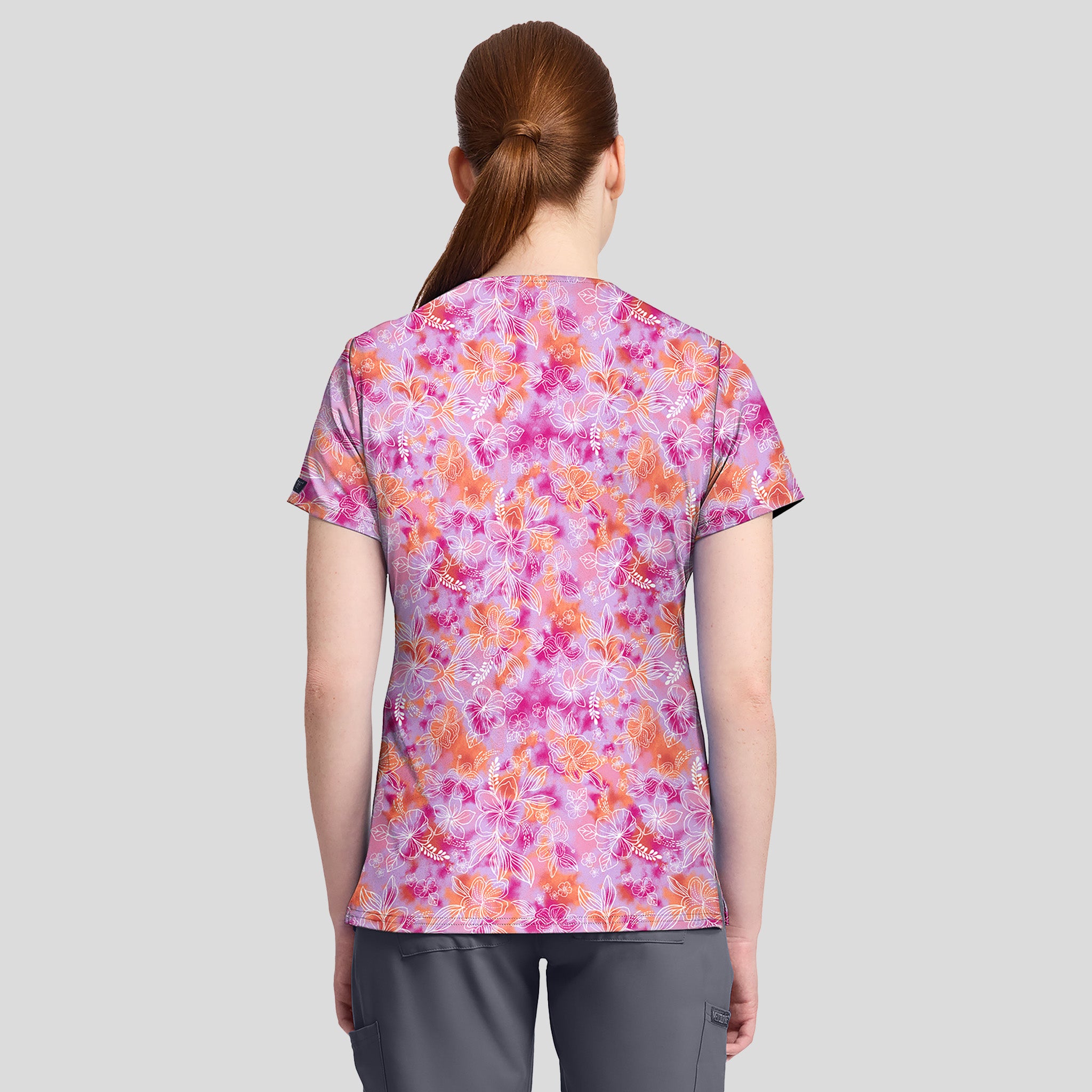 1-Pocket STRETCH V-Neck Print Scrub Top | Hello Hibiscus