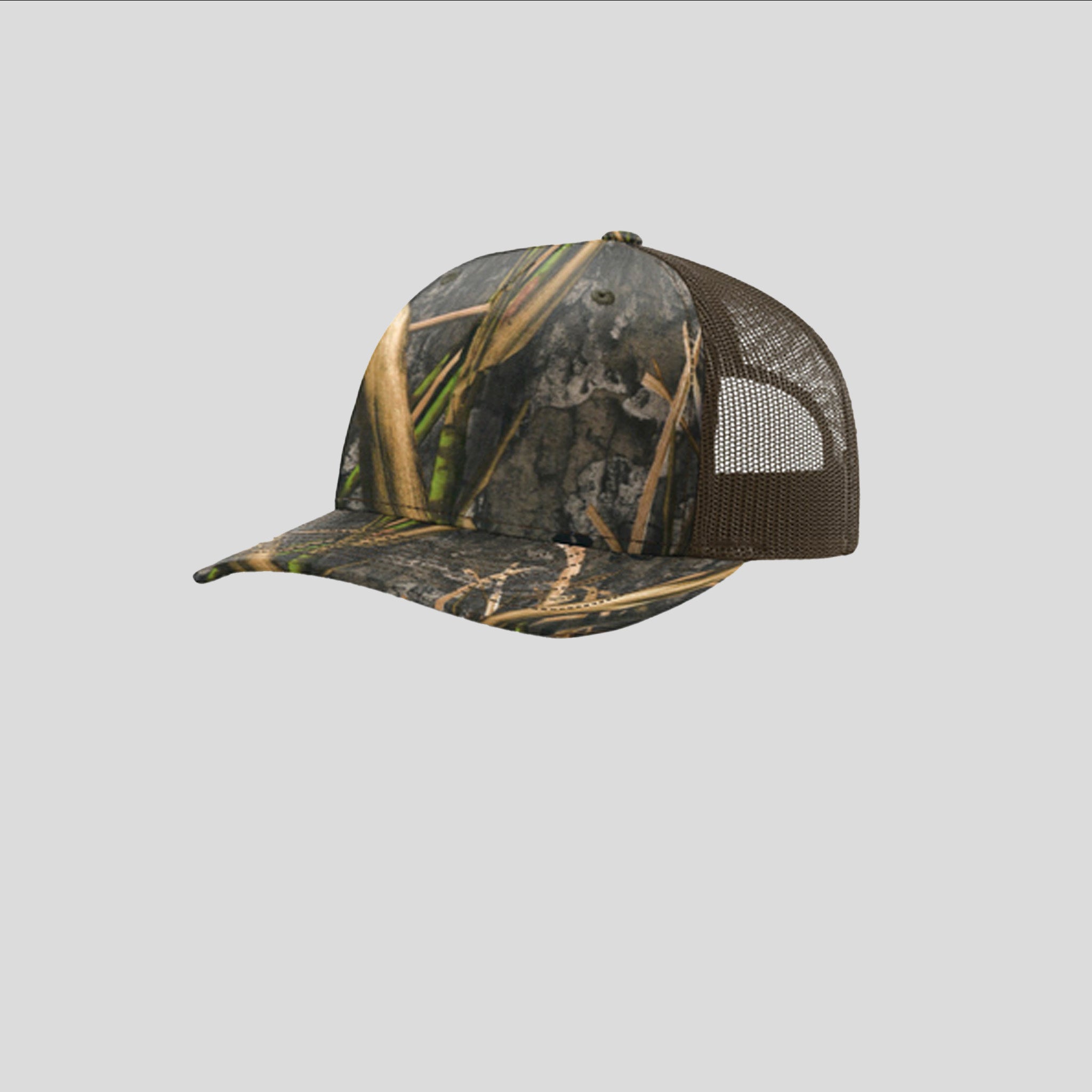 Printed Five-Panel Trucker Hat | Mossy Oak Habitat/Brown